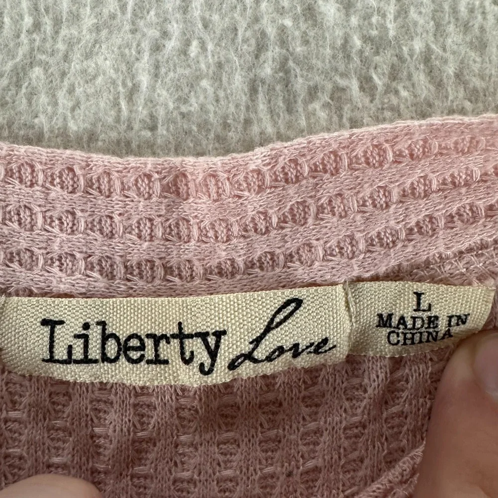 Liberty Love Waffle Knit Top Womens L Pink White Good Colorblock Button Front